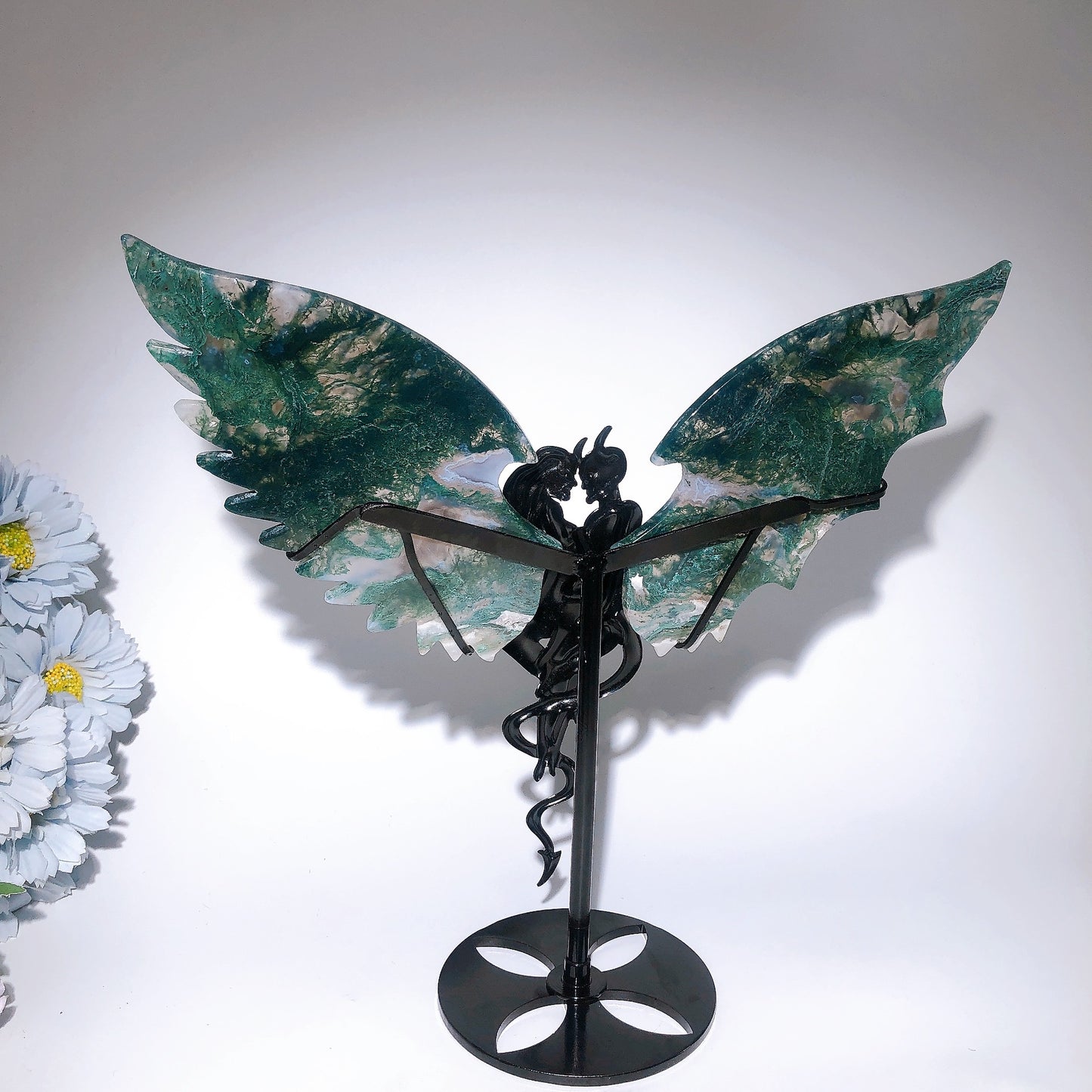 Moss Agate Devil Couple Wings with Stand Crystal Healing Bulk Wholesale