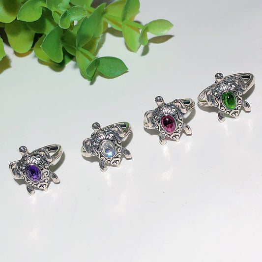 Sterling Silver S925 Turtle with Crystal Ring Crystal Healing Bulk Wholesale