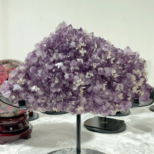 Large Unique Two Sides Amethyst with Calcite Flower Specimen with Stand
