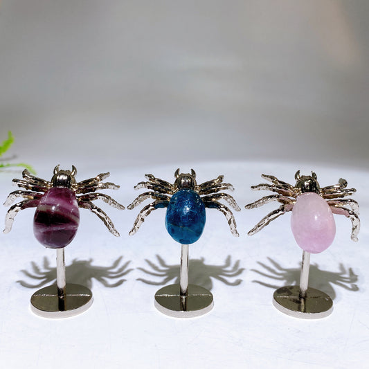 Natural Fluorite Blue Apatite Spider Carving with Fixed Metal Display Stand Crystal Healing Bulk Wholesale