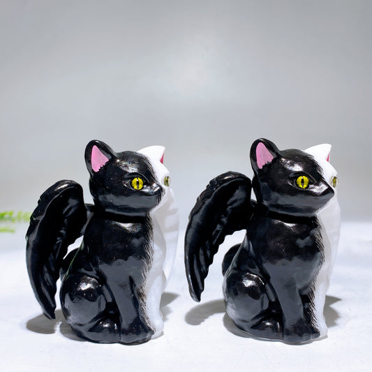 2.7" Half Black Painting White Jade Cat with Wings Carving for Halloween Wholesale