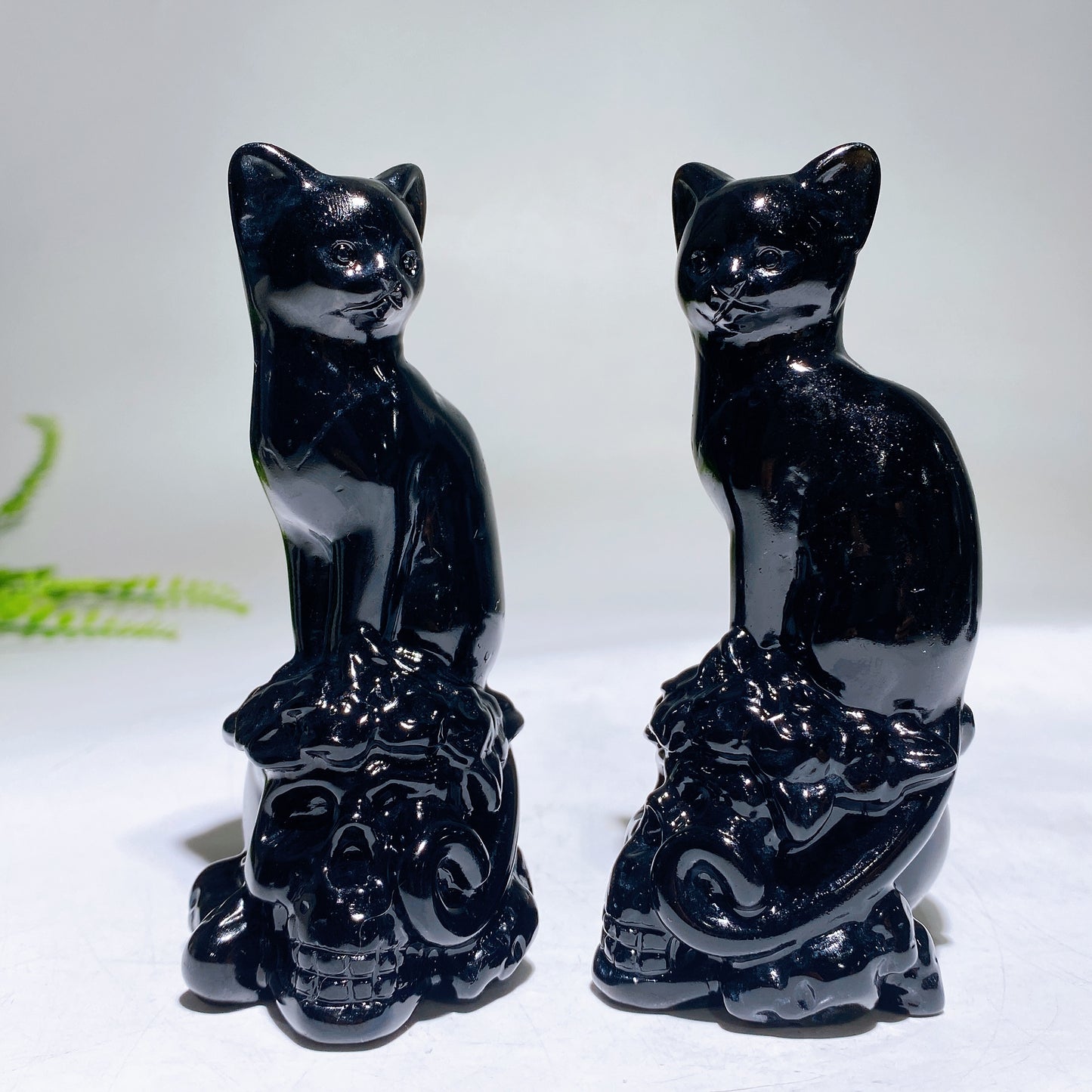4.0" Natural Black Obsidian Skull Cat Carving for Halloween Wholesale
