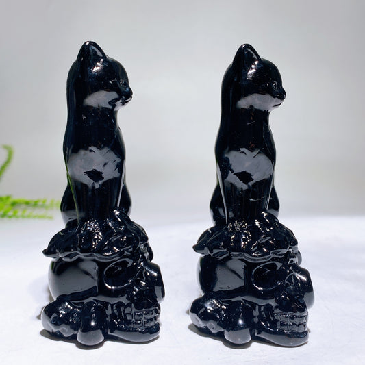 4.0" Natural Black Obsidian Skull Cat Carving for Halloween Wholesale