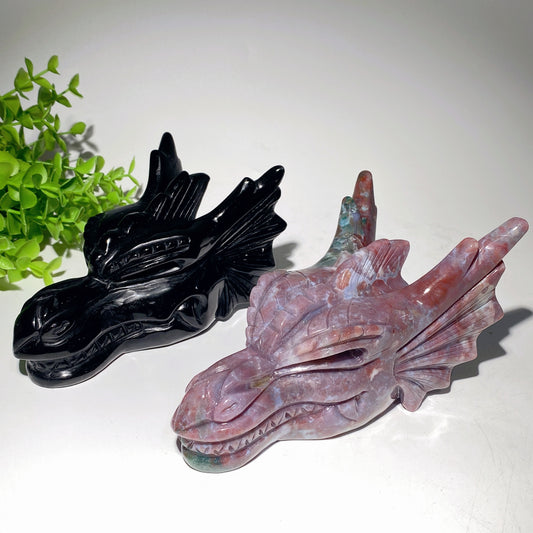 6.5" Black Obsidian Ocean Jasper Dragon Head Carvings Crystal Healing Bulk Wholesale