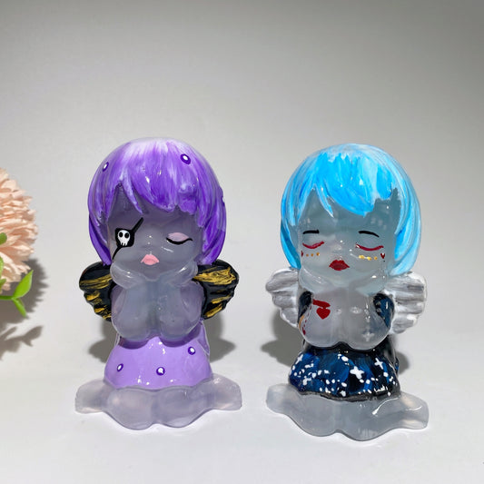 3.8" Selenite Angel Carvings with Hand Printing Crystal Healing Bulk Wholesale