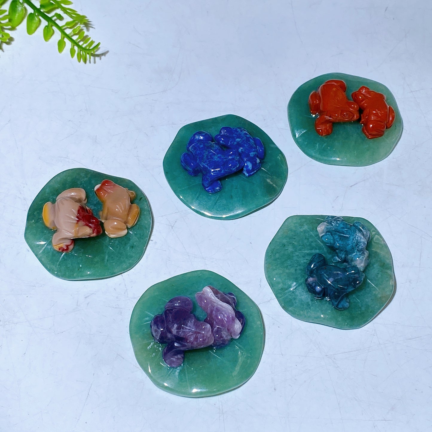 2.0" Natural Crystal Frogs on Aventurine Leaf Carving Wholesale