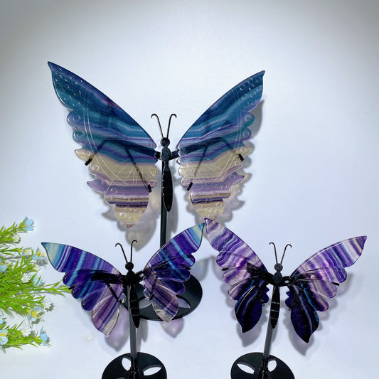 12-22cm Rainbow Fluorite Butterfly Wings Carvings with Stand Free Form Crystal Healing Bulk Wholesale