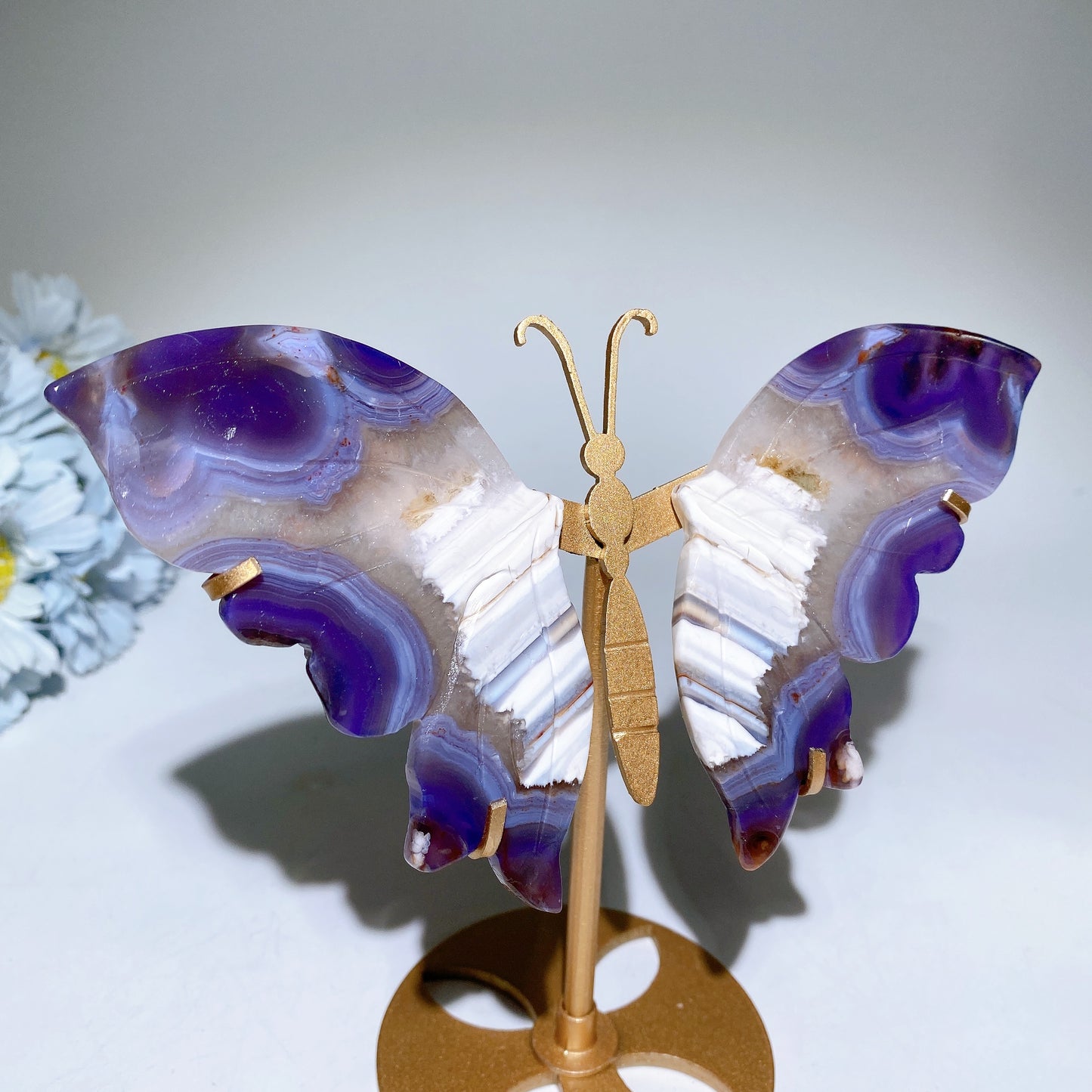 Banded Purple Agate Butterfly Wings Carvings with Stand Crystal Healing Bulk Wholesale