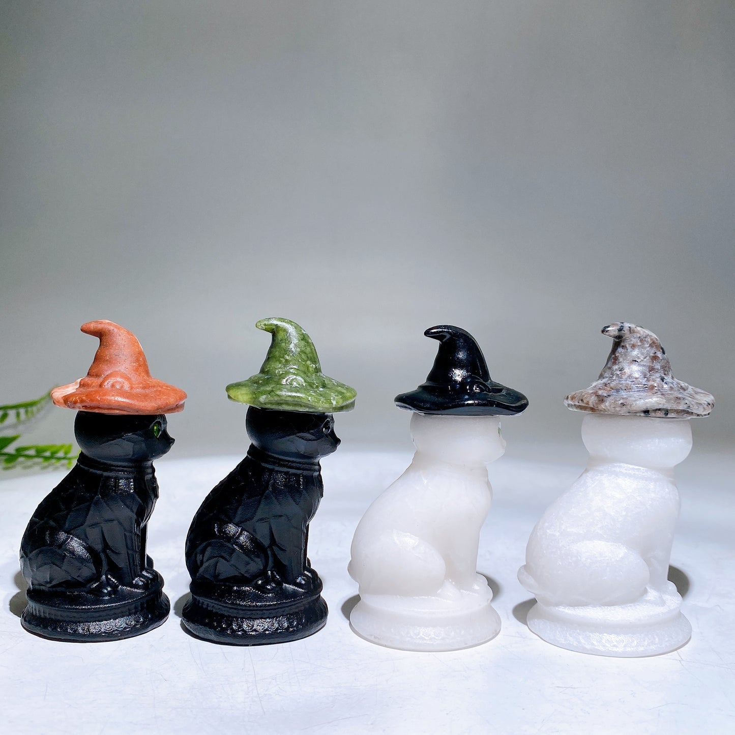 3.3" Black Obsidian White Jade Cat with Witch's Hat Carving for Halloween Wholesale