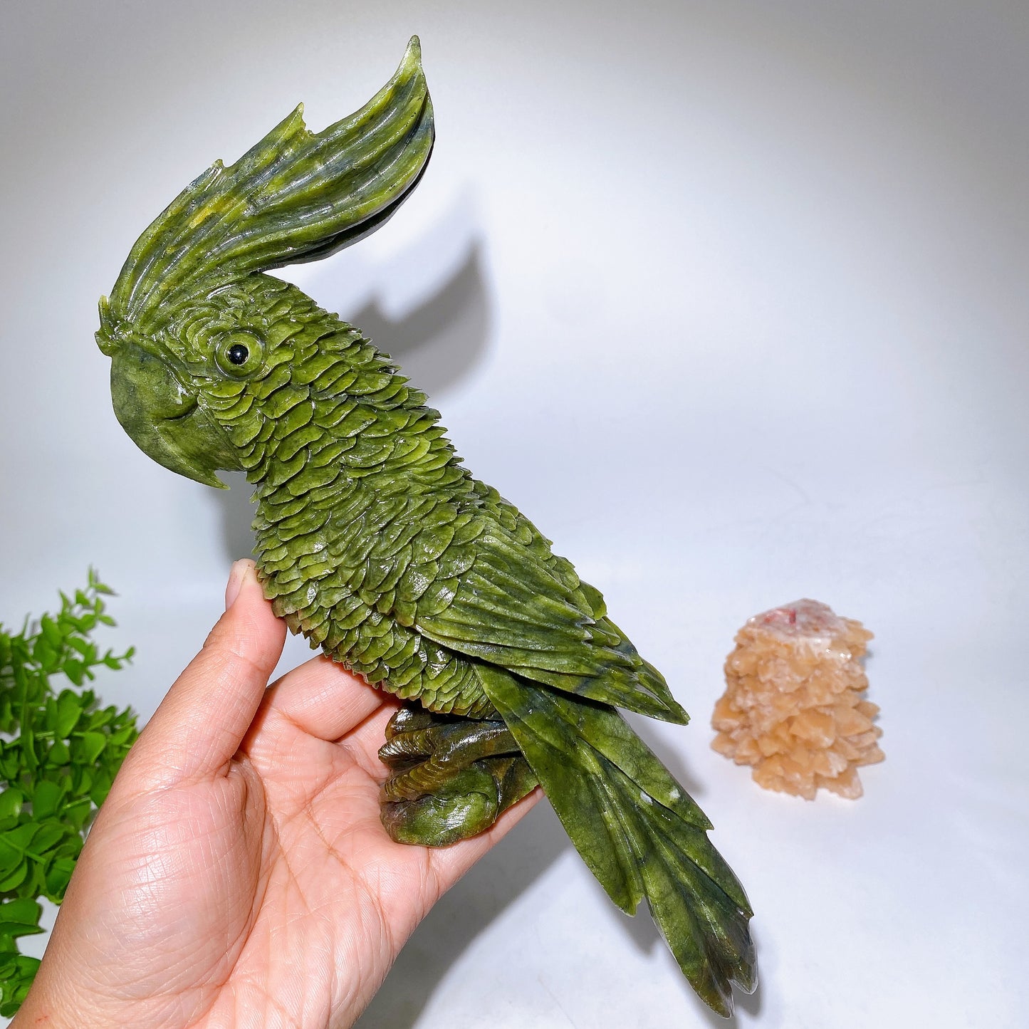 28cm Large Unique Serpentine Parrot Carving with Calcite Cluster Base Crystal Healing Bulk Wholesale