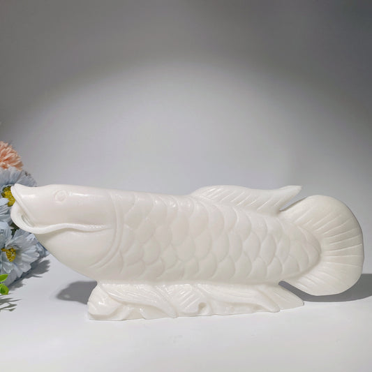 12" White Jade Asian Arowana Fish Carvings Crystal Healing Bulk Wholesale