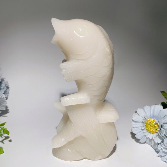 7.9" White Jade Fish Carvings Crystal Healing Bulk Wholesale