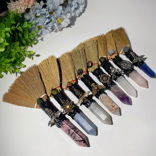 7.8" Mixed Crystal Broom with Random Pattern Crystal Healing Bulk Wholesale
