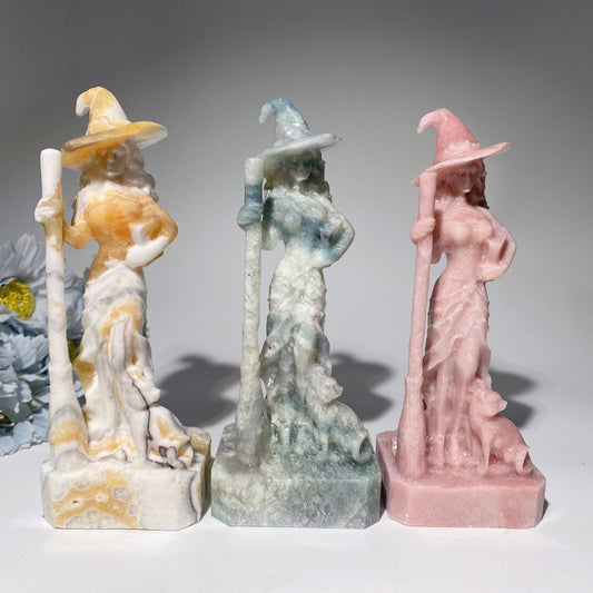 6.0" Mixed Crystal Witch with Cat Broom Carvings Crystal Healing Bulk Wholesale