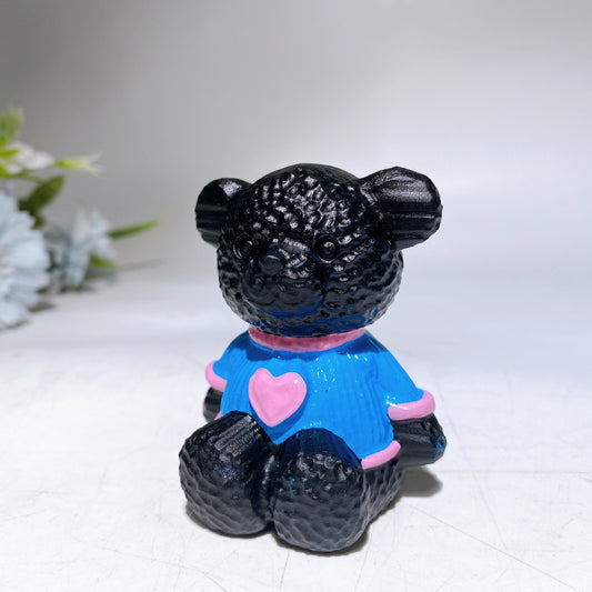 2.7" Black Obsidian Bear Carving with Painting Crystal Healing Bulk Wholesale