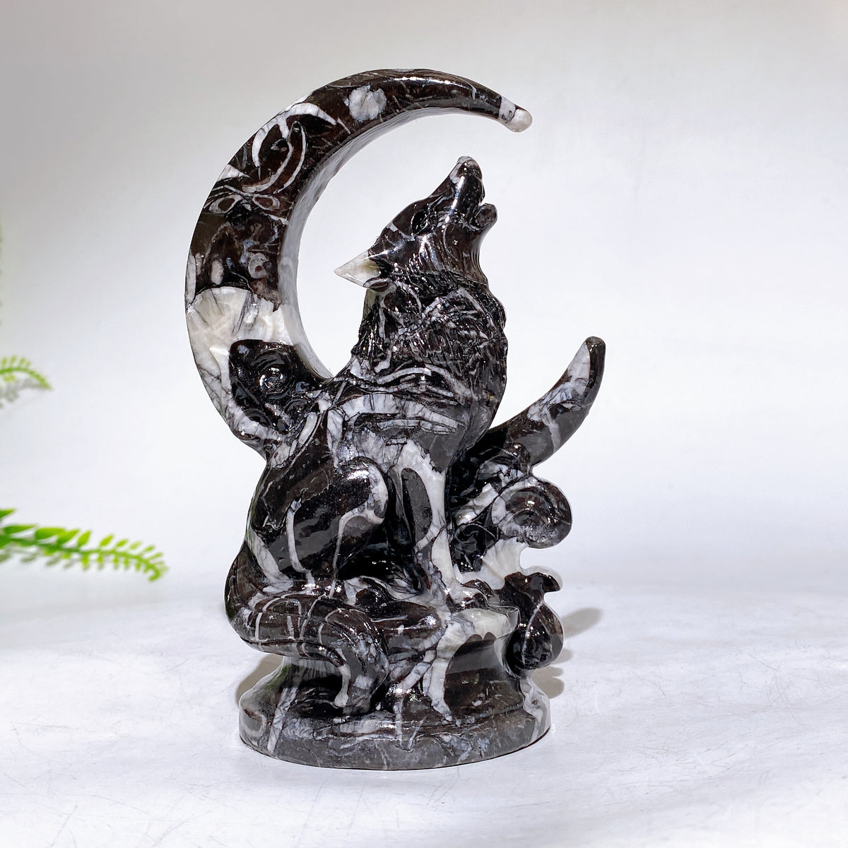 5.1" Natural Serpentine Fossil Stone Wolf Moon Carving Wholesale New Arrival