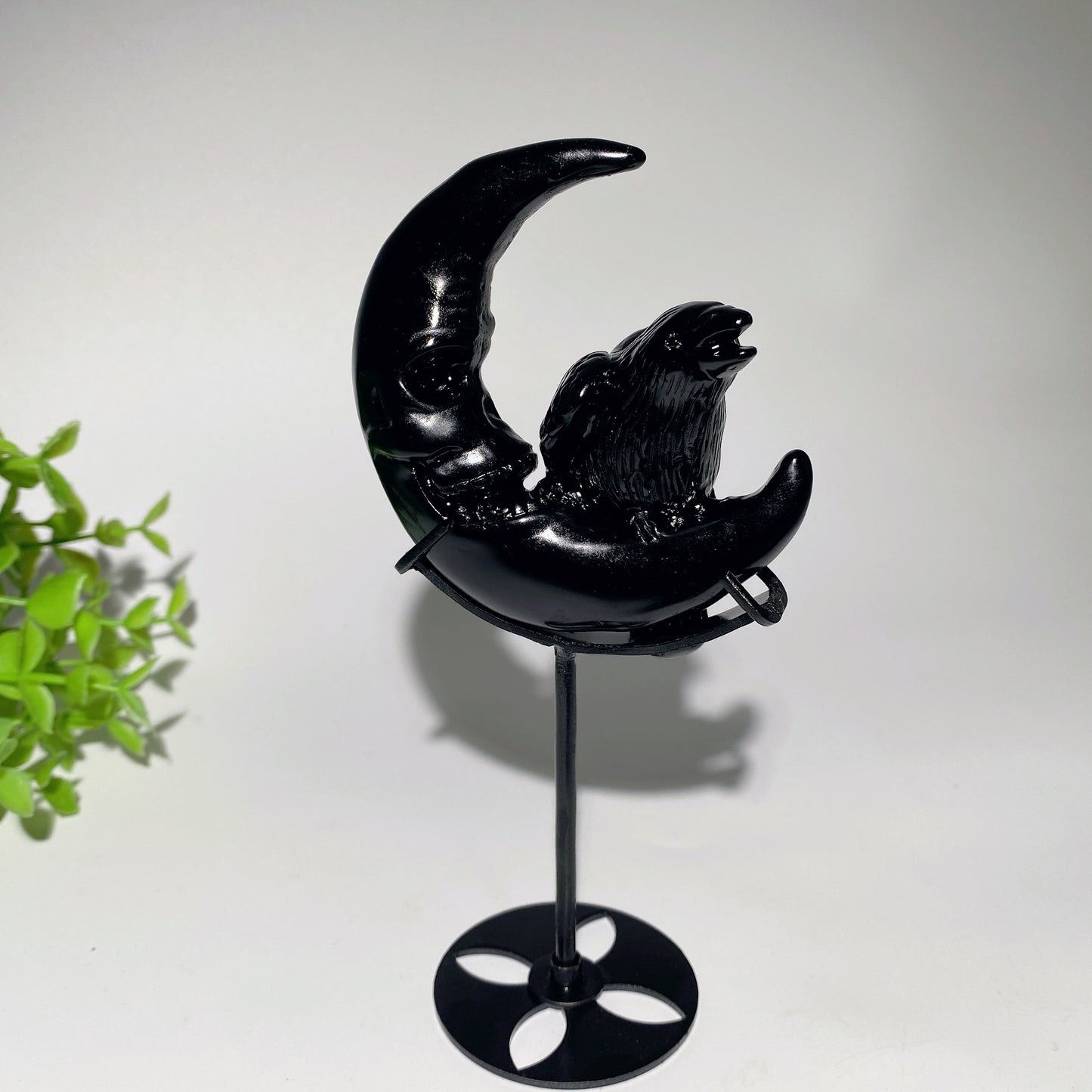 3.3" Black Obsidian Moon Face Raven Carvings with Stand for Halloween Decor Crystal Healing Bulk Wholesale
