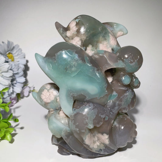 6.6" Large Unique Natural Green Flower Dolphins Carvings Crystal Healing