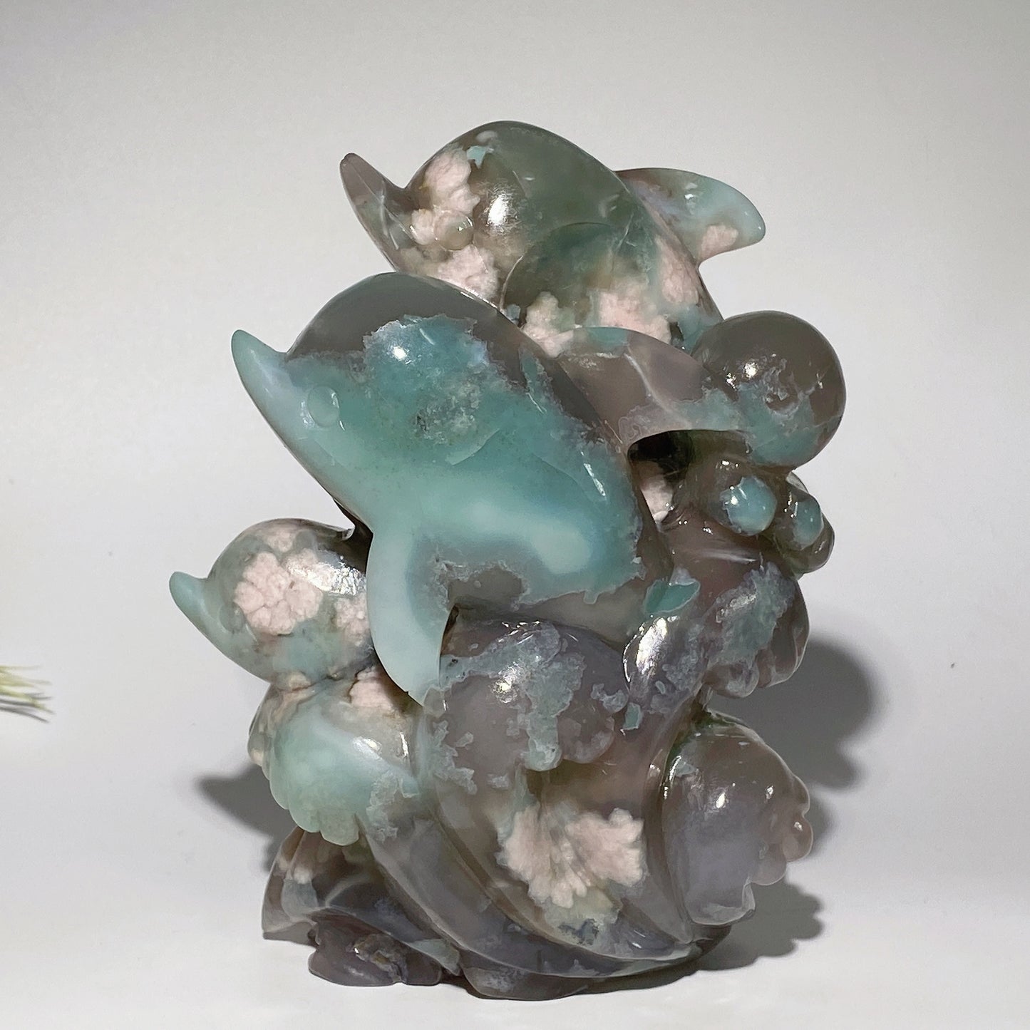 6.6" Large Unique Natural Green Flower Dolphins Carvings Crystal Healing