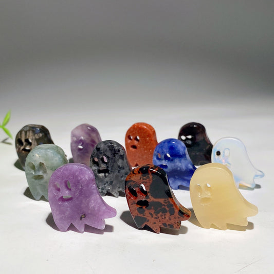 1.1" Mixed Crystal Mini Ghost Slab Carvings for Halloween Crystal Healing Bulk Wholesale