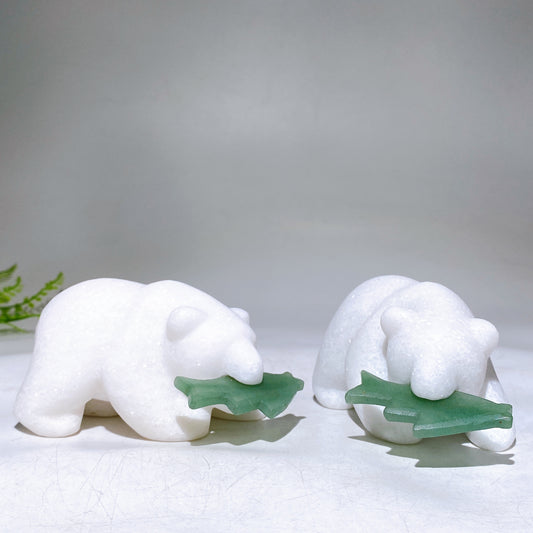 4.0" White Jade Bear Biting Green Aventurine Fish Carving Wholesale New Arrival