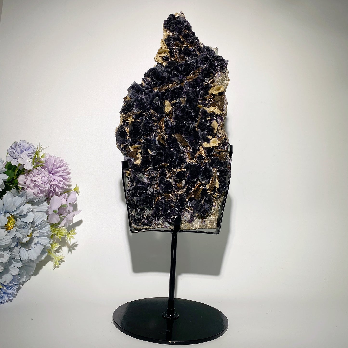 Large Unique Dark Purple Fluorite Specimen Growing with Calcite Pyrite Crystal Healing