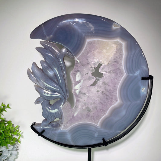 9.8" Large Unique Druzy Amethyst Agate Moon Face Fox Fairy Carvings with Stand Crystal Healing