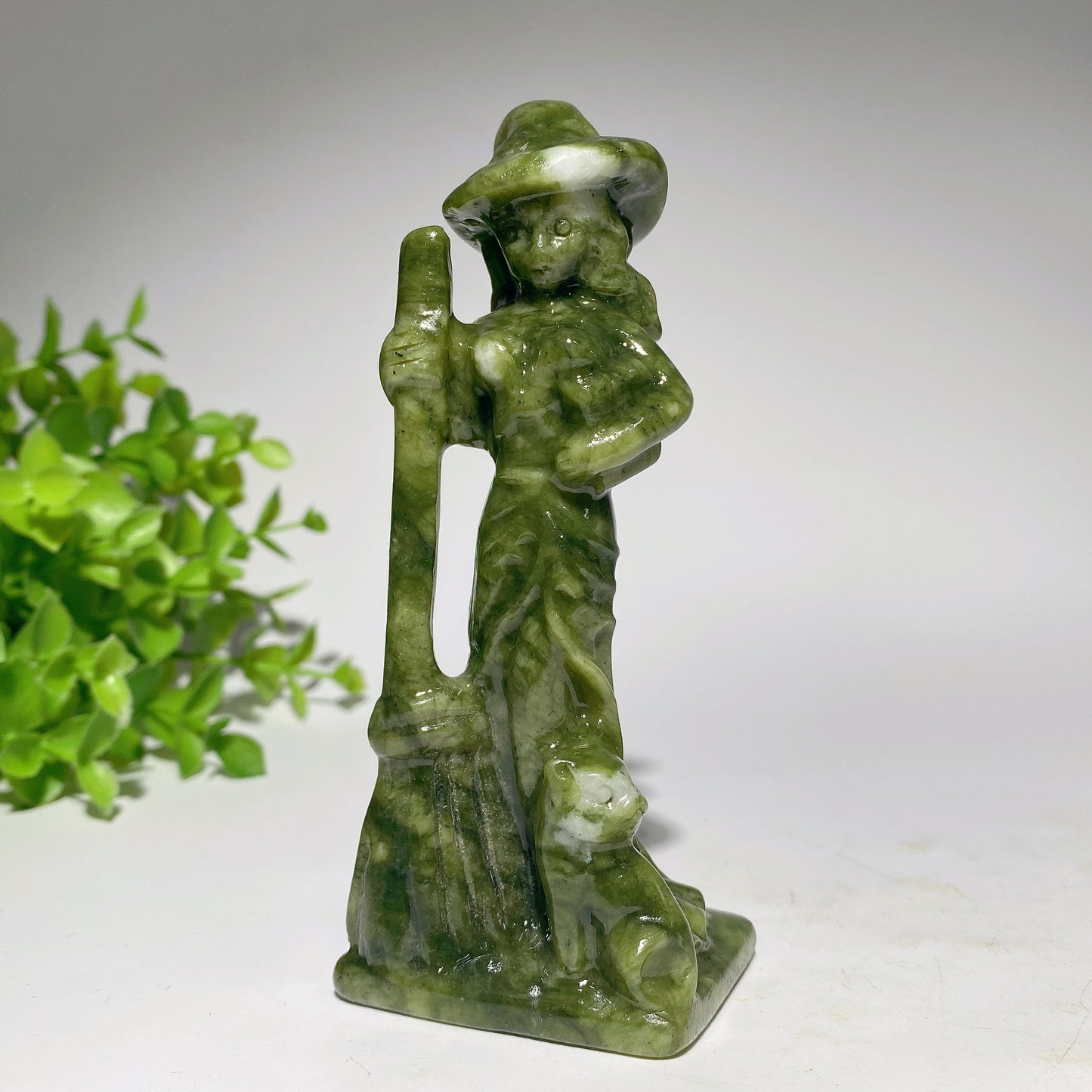 4.8" Mixed Crystal Witch with Broom Cat Carvings Crystal Healing Bulk Wholesale