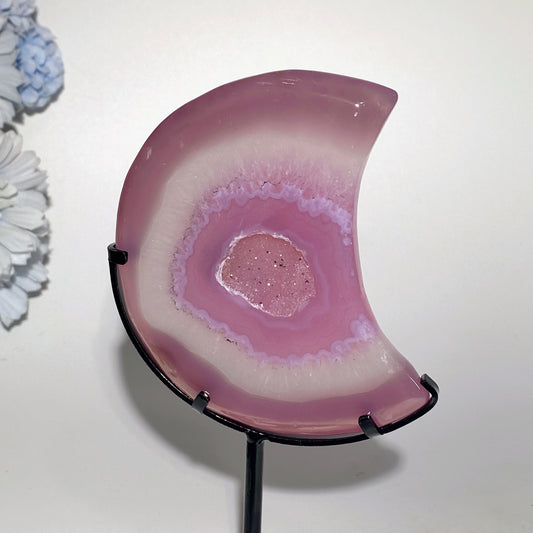 4.5" Druzy Pink Agate Moon Carvings with Stand Crystal Healing Bulk Wholesale