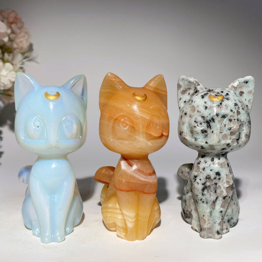 3.8" Mixed Crystal Cat Carvings Sailor Moon Luna Crystal Healing Bulk Wholesale
