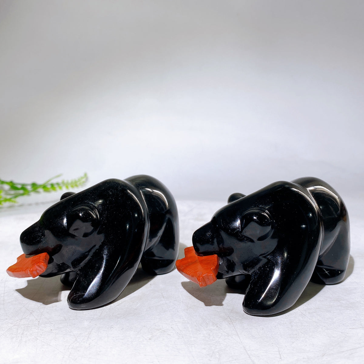 3.8" Black Obsidian Bear with Red Jasper Fish Carving Wholesale