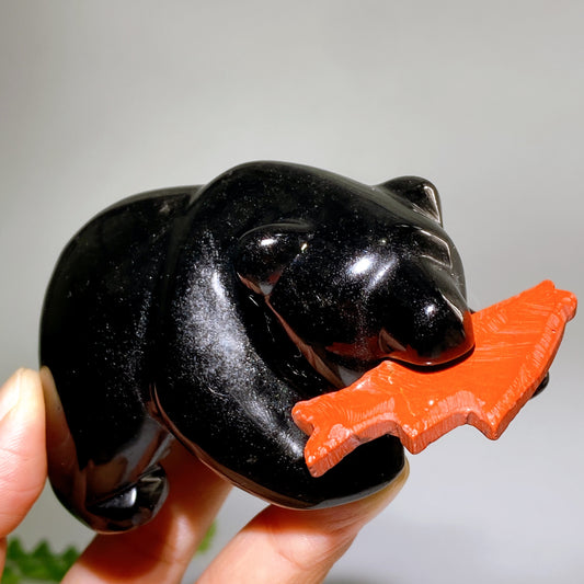 3.8" Black Obsidian Bear with Red Jasper Fish Carving Wholesale