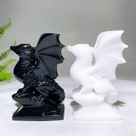 4.0" Black Obsidian White Jade Dragon Carving Wholesale