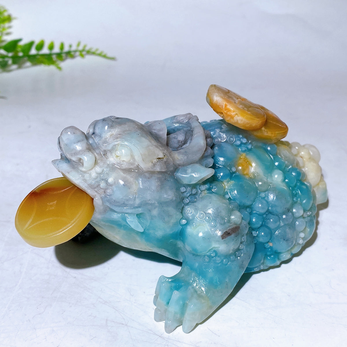 5.3" Unique Caribbean Calcite Three-Legged Jin Chan Carving Wholesale