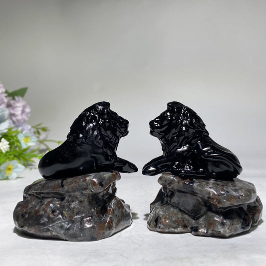 2.7" Black Obsidian Lion on Yooperlite Carving Crystal Healing Bulk Wholesale