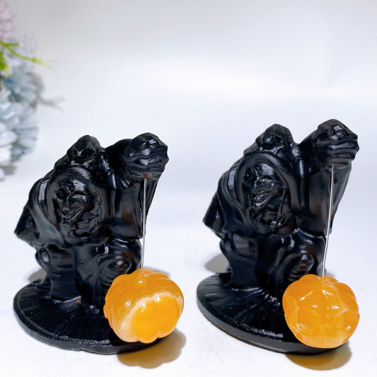3.4" Black Obsidian Witch with Orange Calcite Pumpkin Lamp Carving Crystal Healing Bulk Wholesale