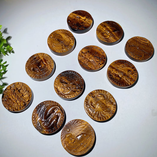 2.0" Yellow Tiger's Eye Slab with Sign of Zodiac Carvings Crystal Healing Bulk Wholesale