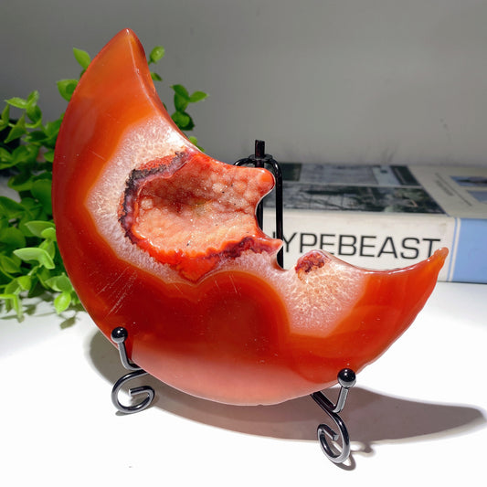 5.0" Druzy Carnelian Moon Carving with Stand Crystal Healing Bulk Wholesale