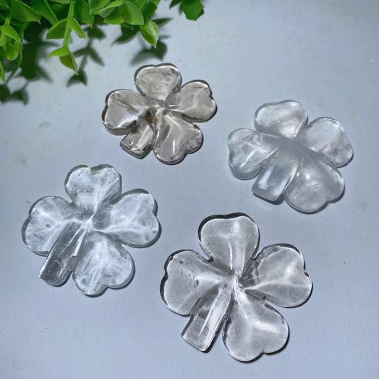 1.7" Clear Quartz Four-Leaf Clovers Carving Crystal Healing Bulk Wholesale