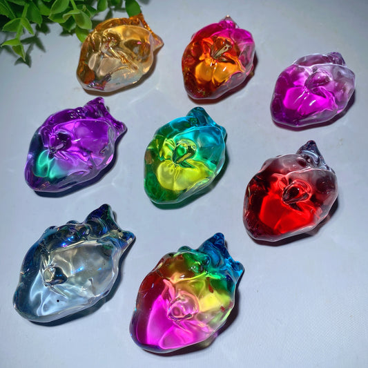 2.2" Aura Colorful Glass Heart Carvings Crystal Healing Bulk Wholesale