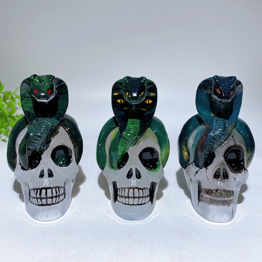 3.8" Selenite Skull with Snake Decor with Hand Painting Crystal Healing Bulk Wholesale