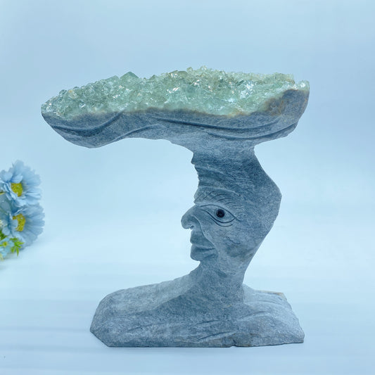 Large Unique Green Quartz Moon Face Carving Crystal Healing Bulk Wholessale