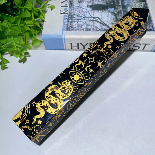 8.0" Black Obsidian Tower with Golden Printing Crystal Healing Bulk Wholesale