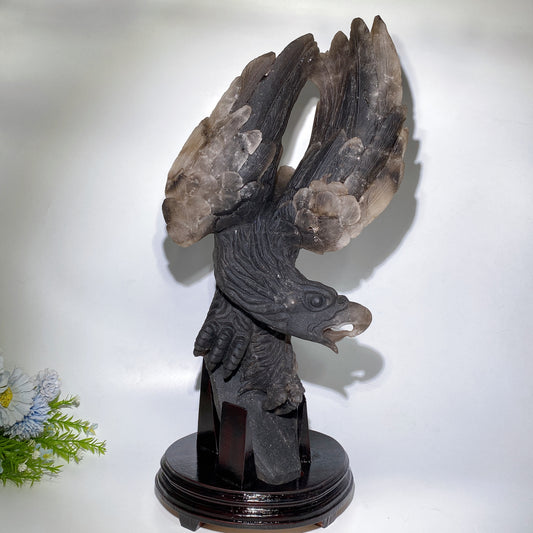 54cm Large Unqiue Smoky Quartz Eagle Carving with Wooden Stand Crystal Healing Bulk Wholesale