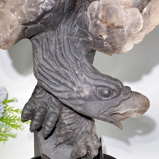 54cm Large Unqiue Smoky Quartz Eagle Carving with Wooden Stand Crystal Healing Bulk Wholesale