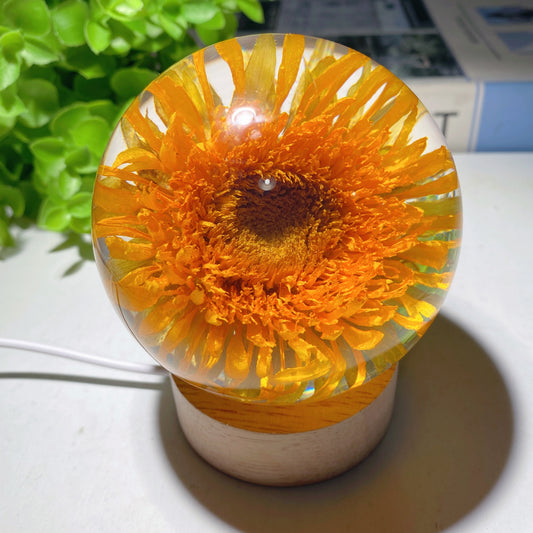 3.1" Resin Sunflower Sphere with Wooden Lamp Stand Crystal Healing Bulk Wholesale