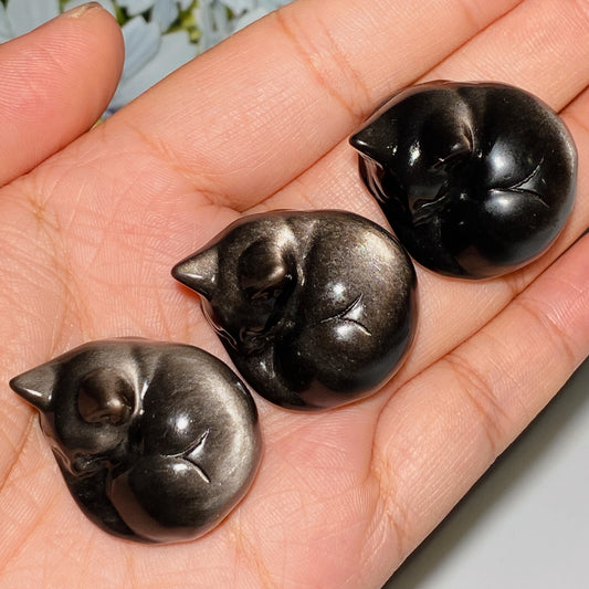 1.2" Silver Obsidian Sleeping Cat Carvings Crystal Healing Bulk Wholesale