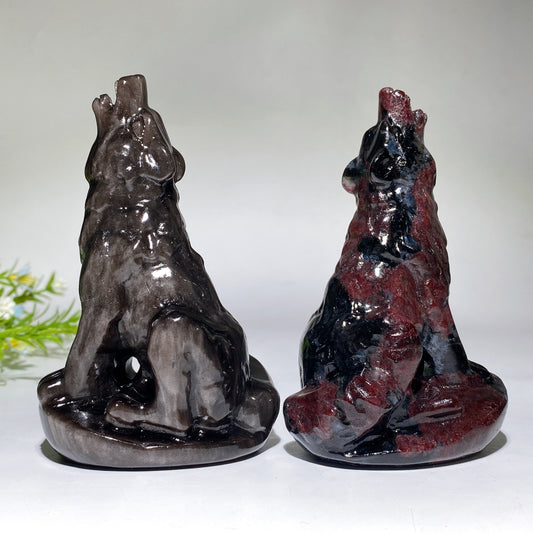 4.5" Silver Obsidian Garnet Wolf Carving Crystal Healing Bulk Wholesale