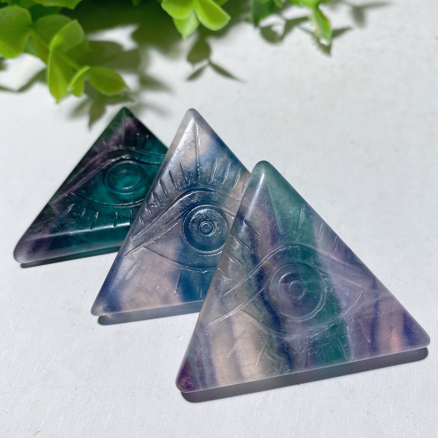 1.6" Fluorite Triangle Slab with Horu's Eye Carvings Crystal Healing Bulk Wholesale
