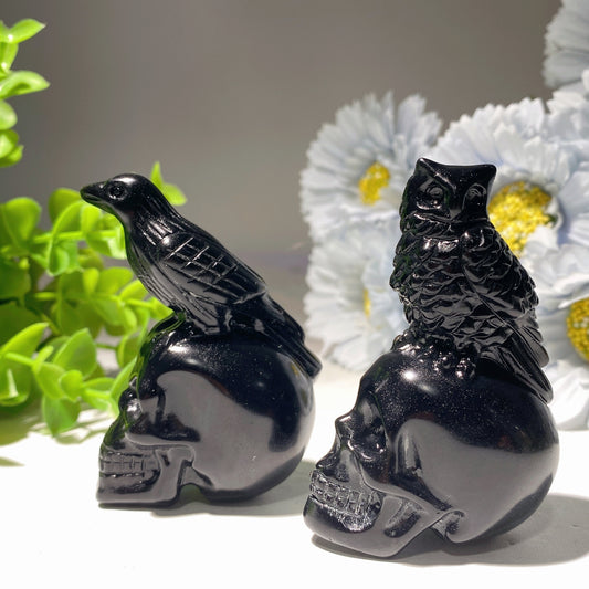2.8" Black Obsidian Skull with Bird Carvings for Halloween Crystal Healing Bulk Wholesale